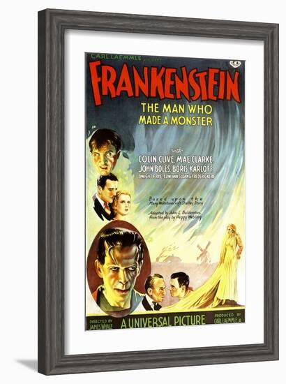 Frankenstein, Dwight Frye, John Boles, Mae Clarke, Boris Karloff, Edward Van Sloan, 1931-null-Framed Art Print