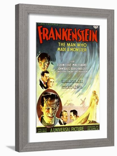 Frankenstein, Dwight Frye, John Boles, Mae Clarke, Boris Karloff, Edward Van Sloan, 1931-null-Framed Art Print