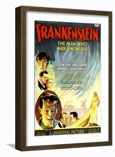 Frankenstein, Dwight Frye, John Boles, Mae Clarke, Boris Karloff, Edward Van Sloan, 1931-null-Framed Premium Giclee Print