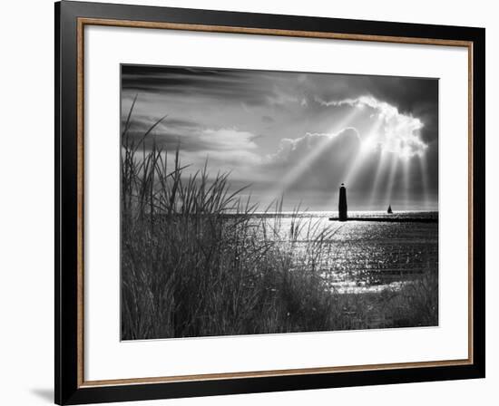 Frankfort Lighthouse and Sunbeams, Frankfort, Michigan '13-Monte Nagler-Framed Premium Photographic Print