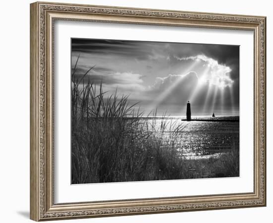 Frankfort Lighthouse and Sunbeams, Frankfort, Michigan '13-Monte Nagler-Framed Photographic Print