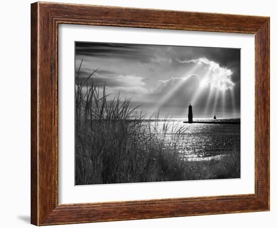 Frankfort Lighthouse and Sunbeams, Frankfort, Michigan '13-Monte Nagler-Framed Photographic Print