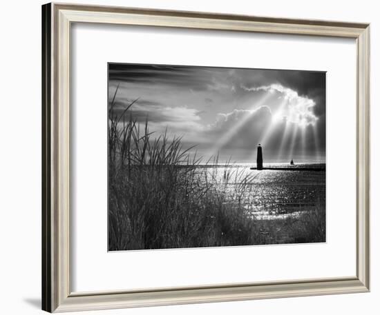 Frankfort Lighthouse and Sunbeams, Frankfort, Michigan '13-Monte Nagler-Framed Photographic Print