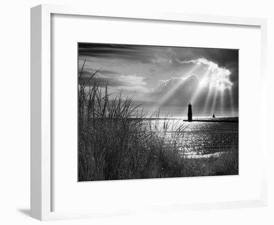 Frankfort Lighthouse and Sunbeams, Frankfort, Michigan '13-Monte Nagler-Framed Photographic Print