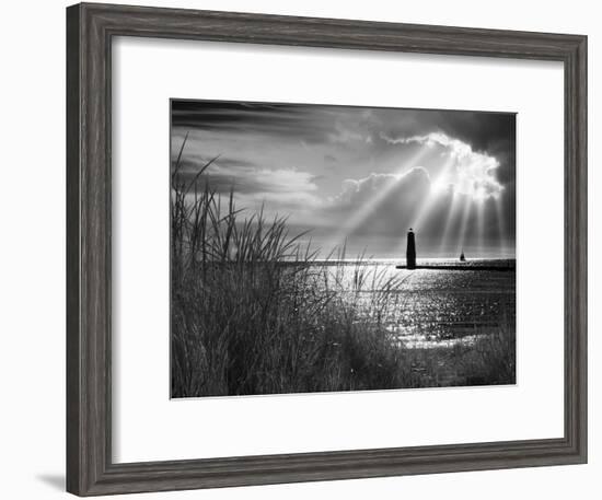 Frankfort Lighthouse and Sunbeams, Frankfort, Michigan '13-Monte Nagler-Framed Photographic Print