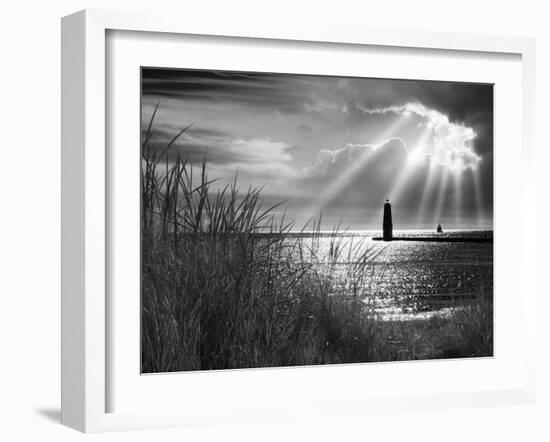 Frankfort Lighthouse and Sunbeams, Frankfort, Michigan '13-Monte Nagler-Framed Photographic Print