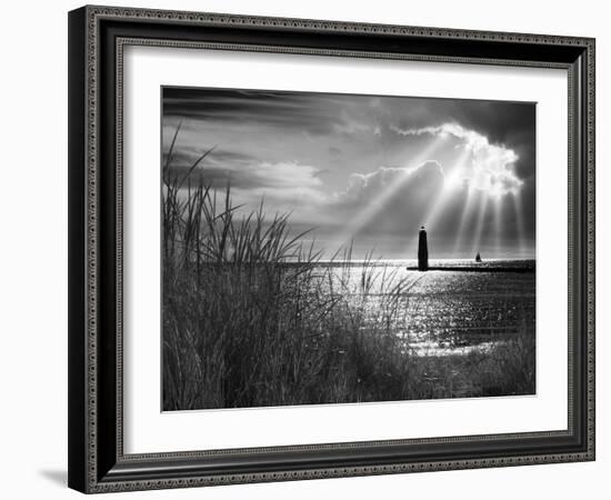 Frankfort Lighthouse and Sunbeams, Frankfort, Michigan '13-Monte Nagler-Framed Photographic Print