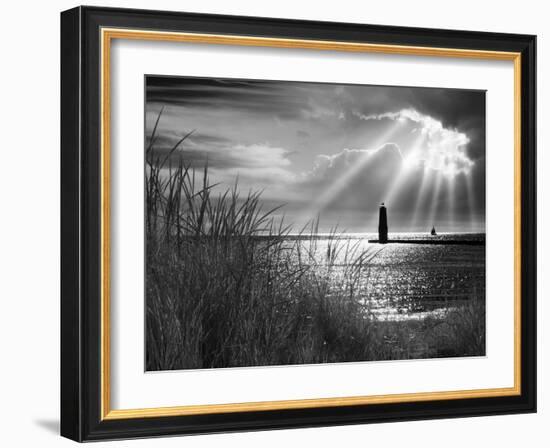 Frankfort Lighthouse and Sunbeams, Frankfort, Michigan '13-Monte Nagler-Framed Photographic Print