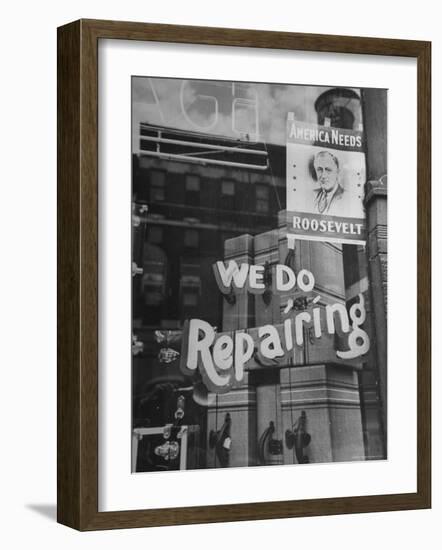 Franklin D. Roosevelt Poster Hanging in a Repair Store Window on Madison Avenue-John Phillips-Framed Photographic Print