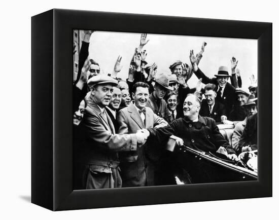 Franklin Roosevelt in the Back Seat of His Car, Surrounded by Cheering Citizens, 1930s-null-Framed Stretched Canvas