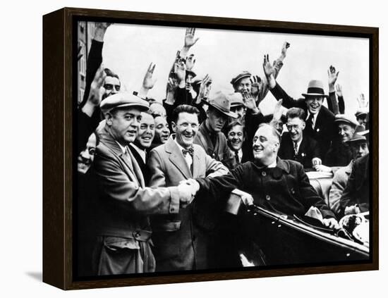 Franklin Roosevelt in the Back Seat of His Car, Surrounded by Cheering Citizens, 1930s-null-Framed Stretched Canvas