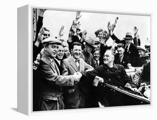 Franklin Roosevelt in the Back Seat of His Car, Surrounded by Cheering Citizens, 1930s-null-Framed Stretched Canvas