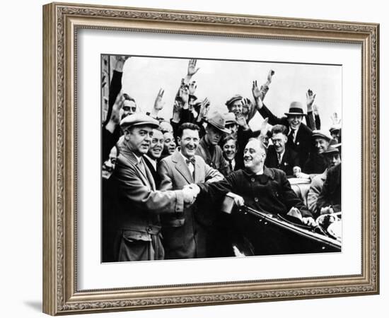 Franklin Roosevelt in the Back Seat of His Car, Surrounded by Cheering Citizens, 1930s-null-Framed Photo