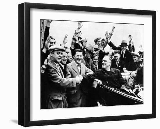 Franklin Roosevelt in the Back Seat of His Car, Surrounded by Cheering Citizens, 1930s-null-Framed Photo