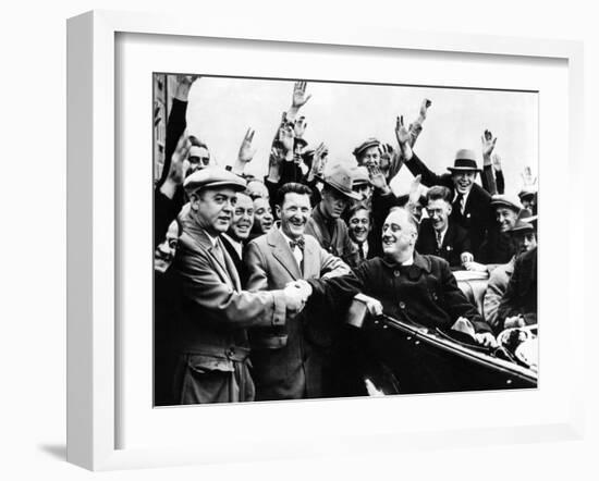 Franklin Roosevelt in the Back Seat of His Car, Surrounded by Cheering Citizens, 1930s-null-Framed Photo