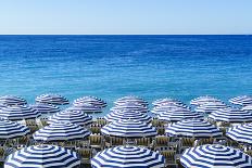 Blue and white beach parasols, Nice, Alpes Maritimes, Cote d'Azur, Provence, France, Mediterranean,-Fraser Hall-Photographic Print