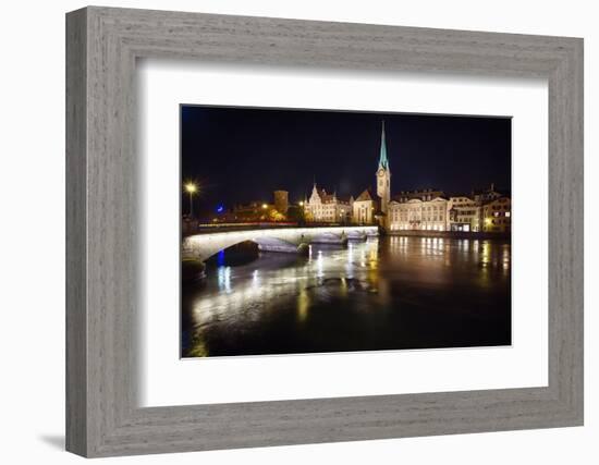 Fraumunster Abbey Night Scenic, Zurich-George Oze-Framed Photographic Print
