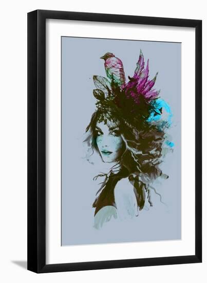 Free Hand Fashion Illustration with a Girl and Birds-A Frants-Framed Art Print