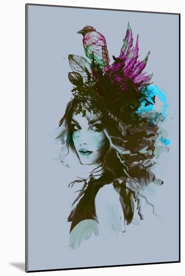 Free Hand Fashion Illustration with a Girl and Birds-A Frants-Mounted Art Print