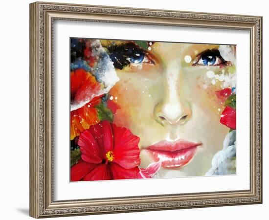 Freehand Painted Bright Color Composition with a Female Face-A Frants-Framed Art Print