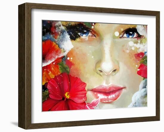 Freehand Painted Bright Color Composition with a Female Face-A Frants-Framed Art Print