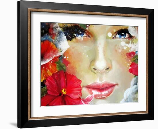 Freehand Painted Bright Color Composition with a Female Face-A Frants-Framed Art Print