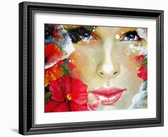 Freehand Painted Bright Color Composition with a Female Face-A Frants-Framed Art Print