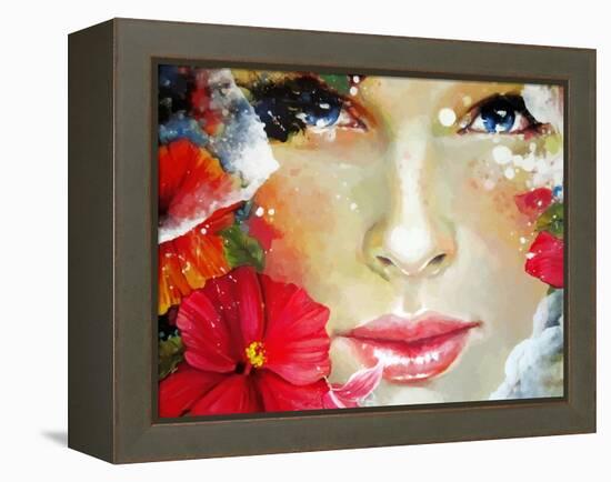 Freehand Painted Bright Color Composition with a Female Face-A Frants-Framed Stretched Canvas
