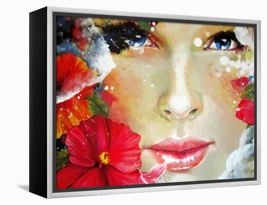 Freehand Painted Bright Color Composition with a Female Face-A Frants-Framed Stretched Canvas