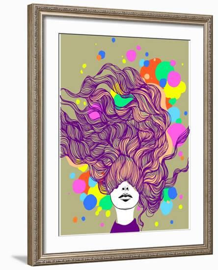 Freehand Vector Illustration with a Beautiful Hair Lady and Bright Blots-A Frants-Framed Art Print