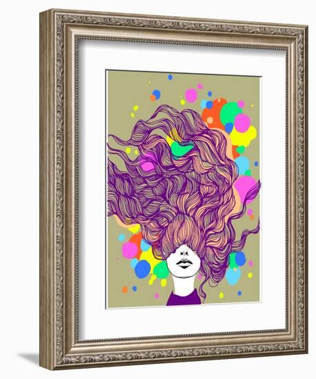 Freehand Vector Illustration with a Beautiful Hair Lady and Bright Blots-A Frants-Framed Art Print
