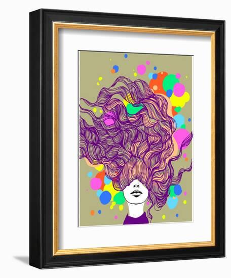 Freehand Vector Illustration with a Beautiful Hair Lady and Bright Blots-A Frants-Framed Art Print