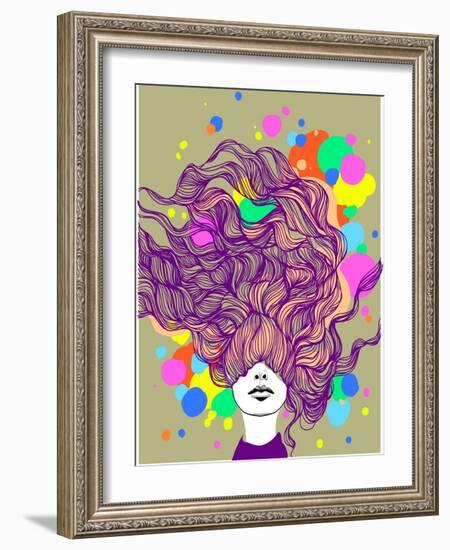 Freehand Vector Illustration with a Beautiful Hair Lady and Bright Blots-A Frants-Framed Art Print