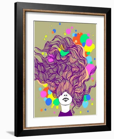 Freehand Vector Illustration with a Beautiful Hair Lady and Bright Blots-A Frants-Framed Art Print