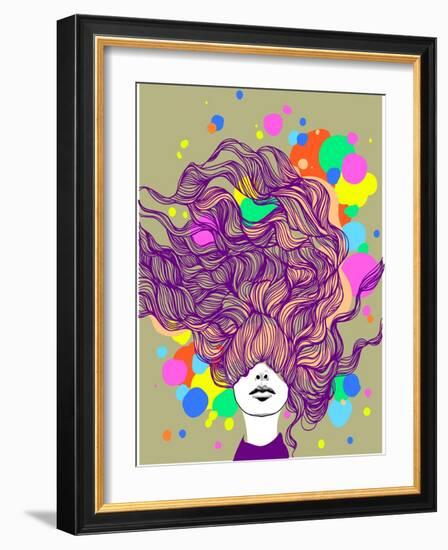 Freehand Vector Illustration with a Beautiful Hair Lady and Bright Blots-A Frants-Framed Art Print