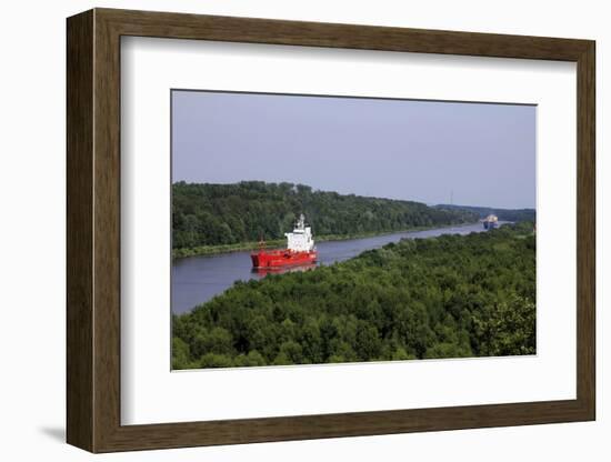 Freight Ships on Kiel Canal going near Hochdonn, Dithmarschen, Schleswig-Holstein, Germany, Europe-Hans-Peter Merten-Framed Photographic Print