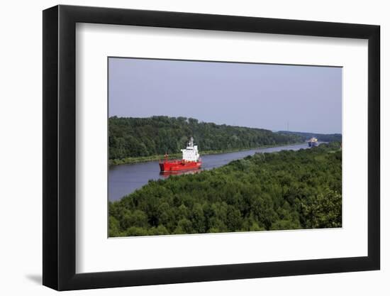 Freight Ships on Kiel Canal going near Hochdonn, Dithmarschen, Schleswig-Holstein, Germany, Europe-Hans-Peter Merten-Framed Photographic Print