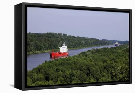 Freight Ships on Kiel Canal going near Hochdonn, Dithmarschen, Schleswig-Holstein, Germany, Europe-Hans-Peter Merten-Framed Premier Image Canvas