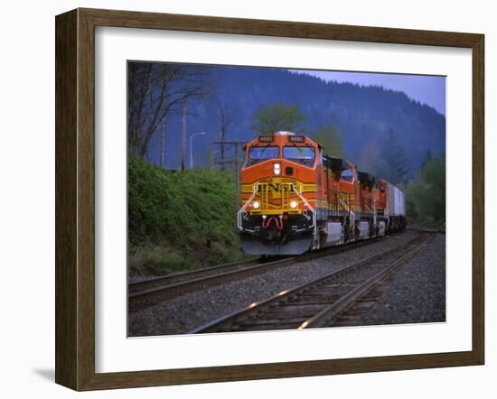 Freight Train Moving on Tracks, Stevenson, Columbia River Gorge, Washington, USA-Steve Terrill-Framed Photographic Print