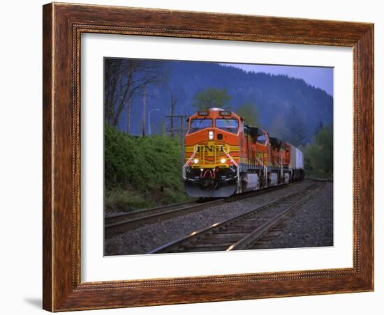 Freight Train Moving on Tracks, Stevenson, Columbia River Gorge, Washington, USA-Steve Terrill-Framed Photographic Print