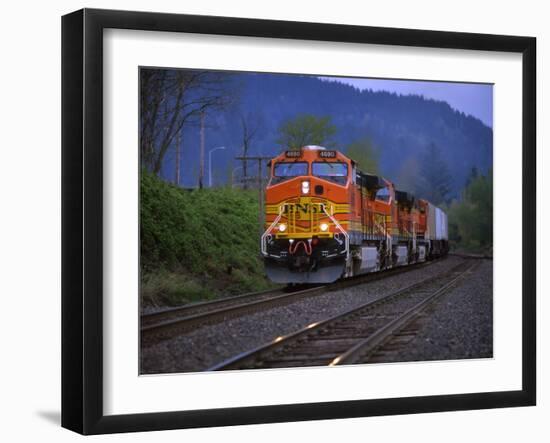 Freight Train Moving on Tracks, Stevenson, Columbia River Gorge, Washington, USA-Steve Terrill-Framed Photographic Print