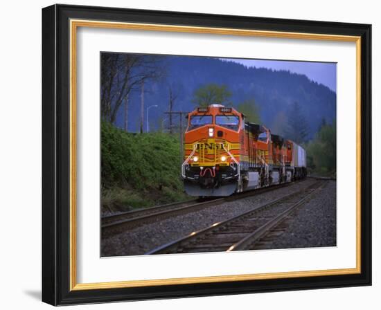 Freight Train Moving on Tracks, Stevenson, Columbia River Gorge, Washington, USA-Steve Terrill-Framed Photographic Print