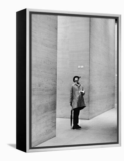 French Actor Jacques Tati Looking at the High Ceiling of an Office Lobby-Yale Joel-Framed Premier Image Canvas