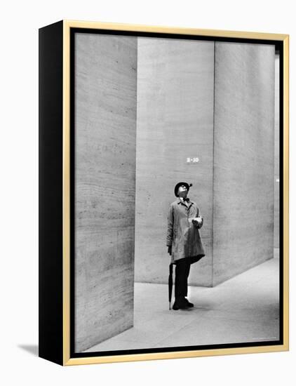 French Actor Jacques Tati Looking at the High Ceiling of an Office Lobby-Yale Joel-Framed Premier Image Canvas