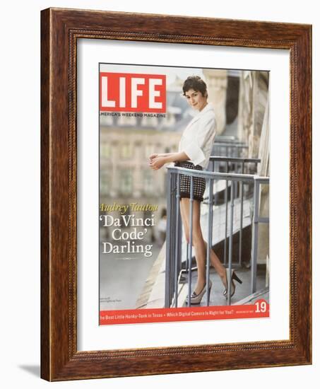 French Actress Audrey Tautou Outdoors on a Balcony in Paris, May 19, 2006-Greg Kadel-Framed Photographic Print