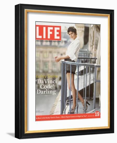 French Actress Audrey Tautou Outdoors on a Balcony in Paris, May 19, 2006-Greg Kadel-Framed Photographic Print