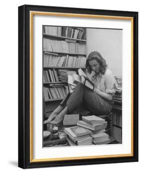 French Actress Barbara Laage, Alone in Her Apartment Reading-Nina Leen-Framed Photographic Print