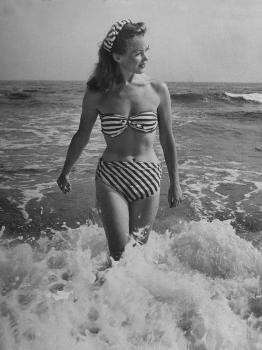 French Actress Barbara Laage Wearing Makeshift Two-Piece Bathing Suit  Wading in Surf' Premium Photographic Print - Nina Leen