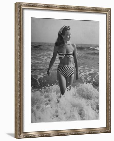 French Actress Barbara Laage Wearing Makeshift Two-Piece Bathing Suit Wading in Surf-Nina Leen-Framed Premium Photographic Print