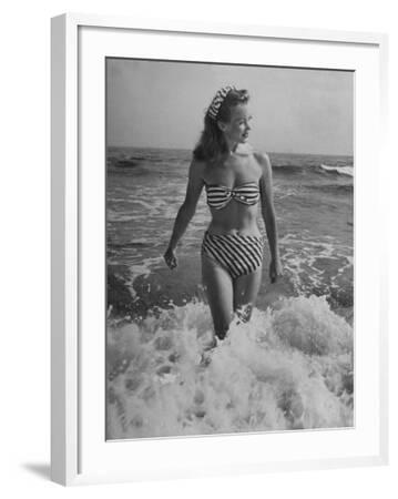 French Actress Barbara Laage Wearing Makeshift Two-Piece Bathing Suit  Wading in Surf' Premium Photographic Print - Nina Leen